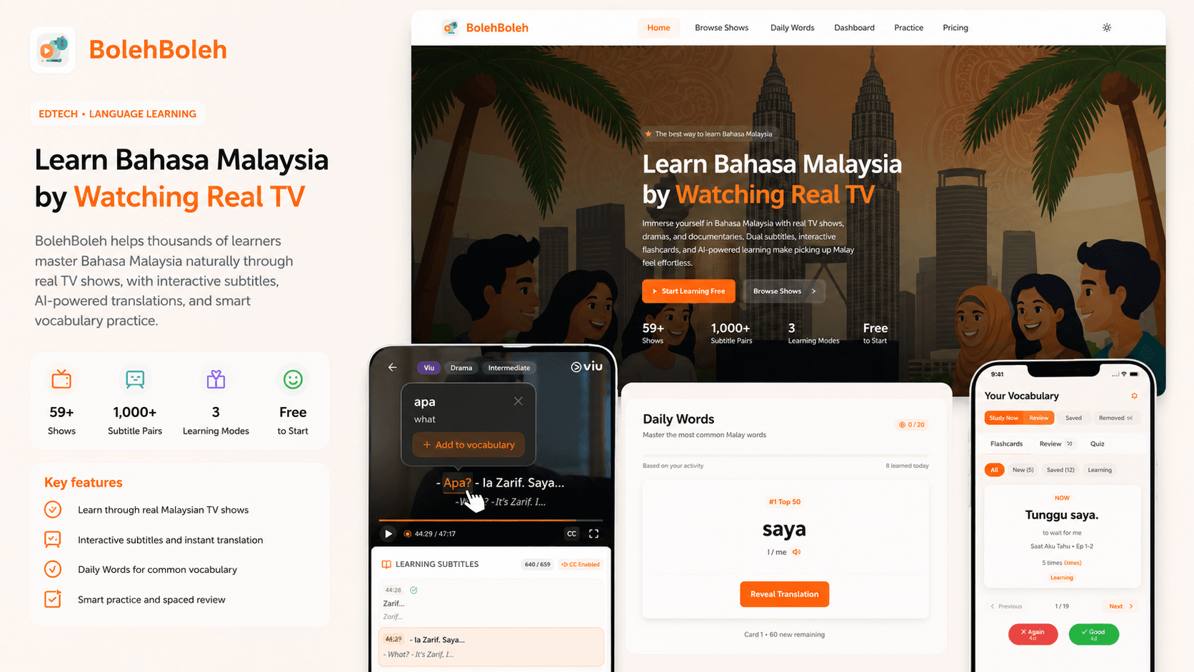 BolehBoleh: landing page, player with dual subtitles, and vocabulary deck